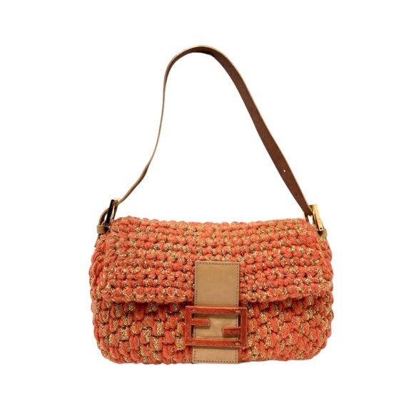 FENDI Vintage FF Mamma Baguette Wool Knit Shoulder Bag Glitter Orange [106267] - Picture 5 of 14
